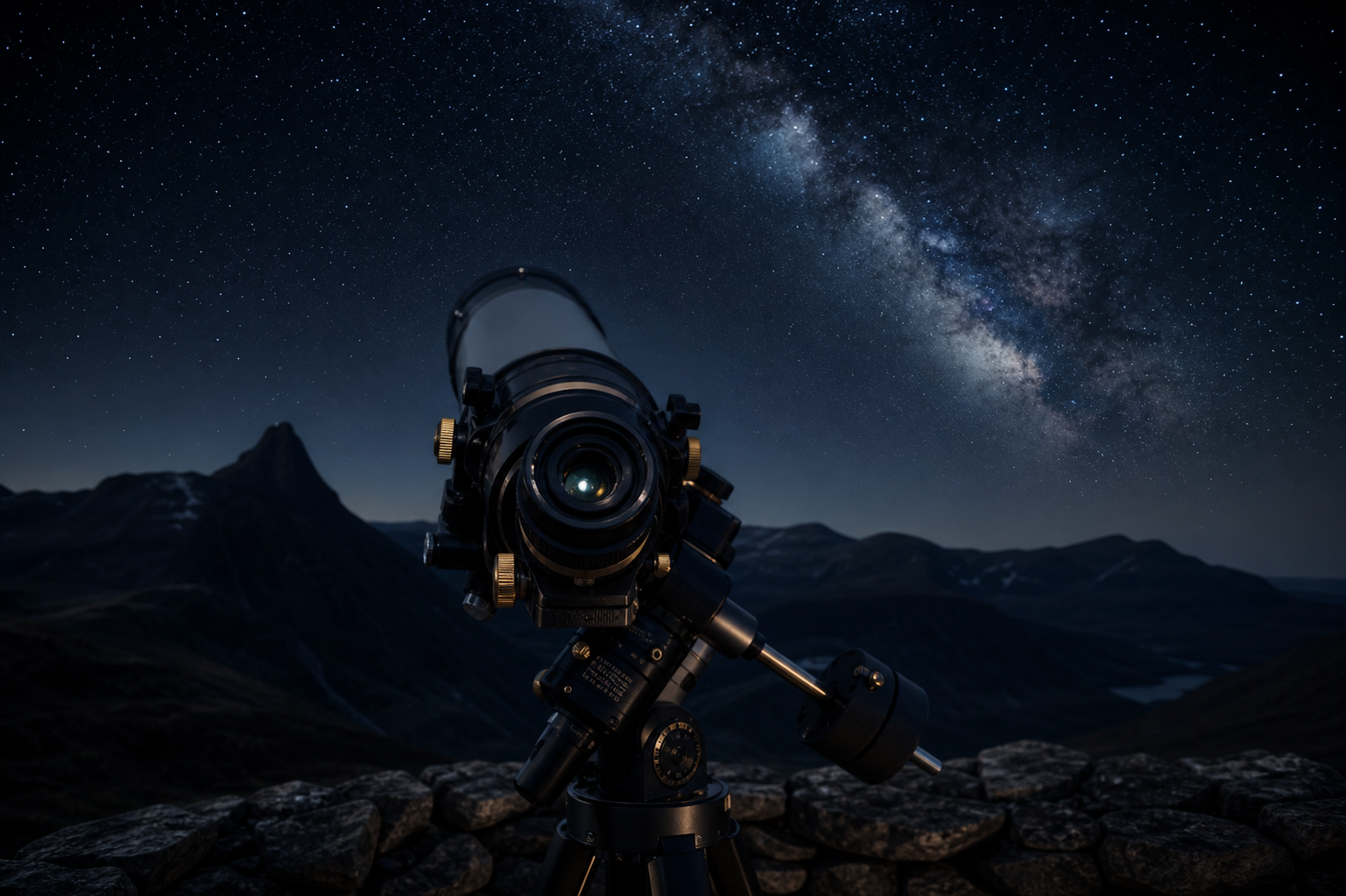 Premium telescope overlooking the Scottish Highlands beneath a star-filled night sky