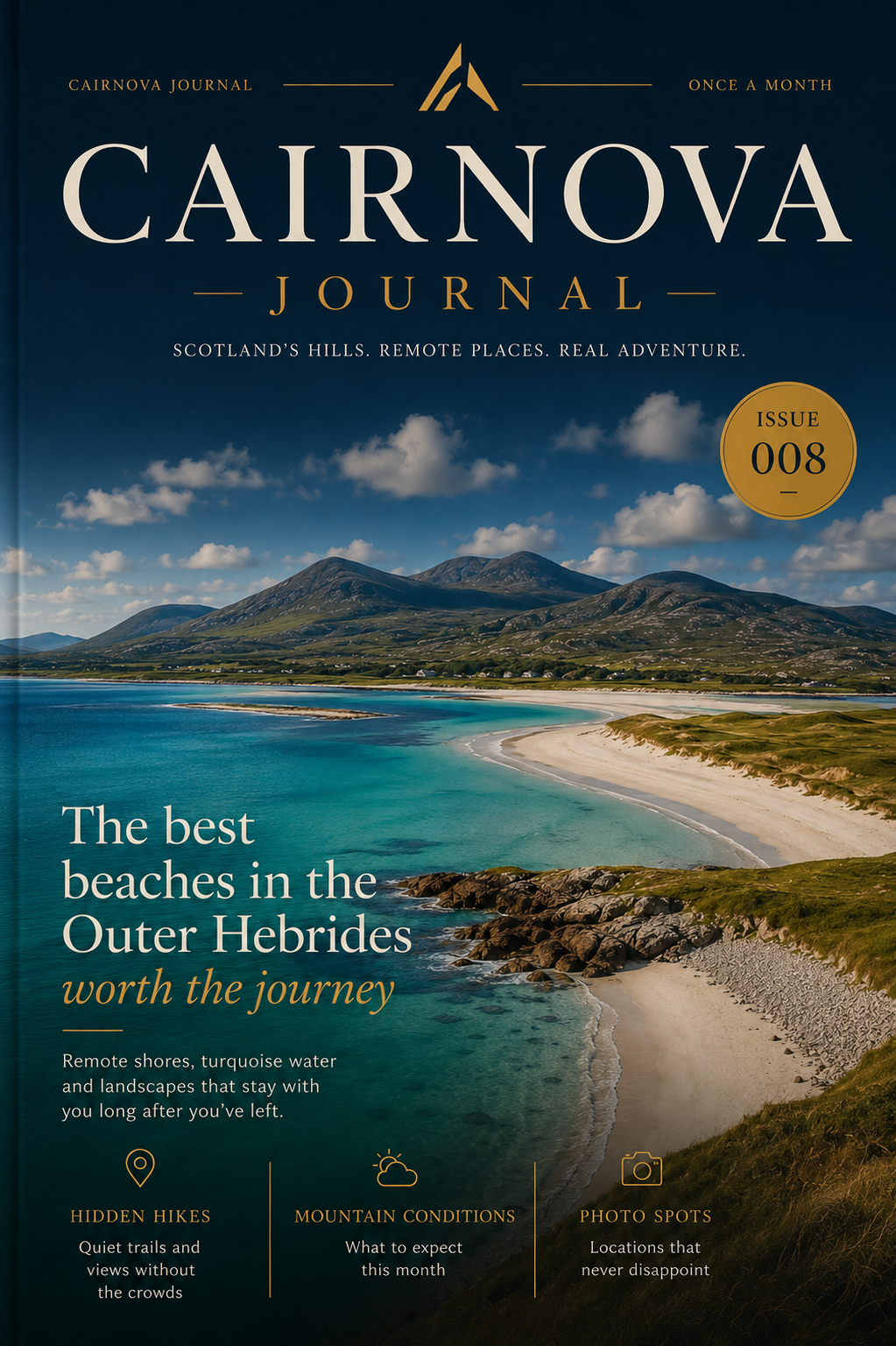 Cairnova Journal cover featuring Scottish hills and coastline