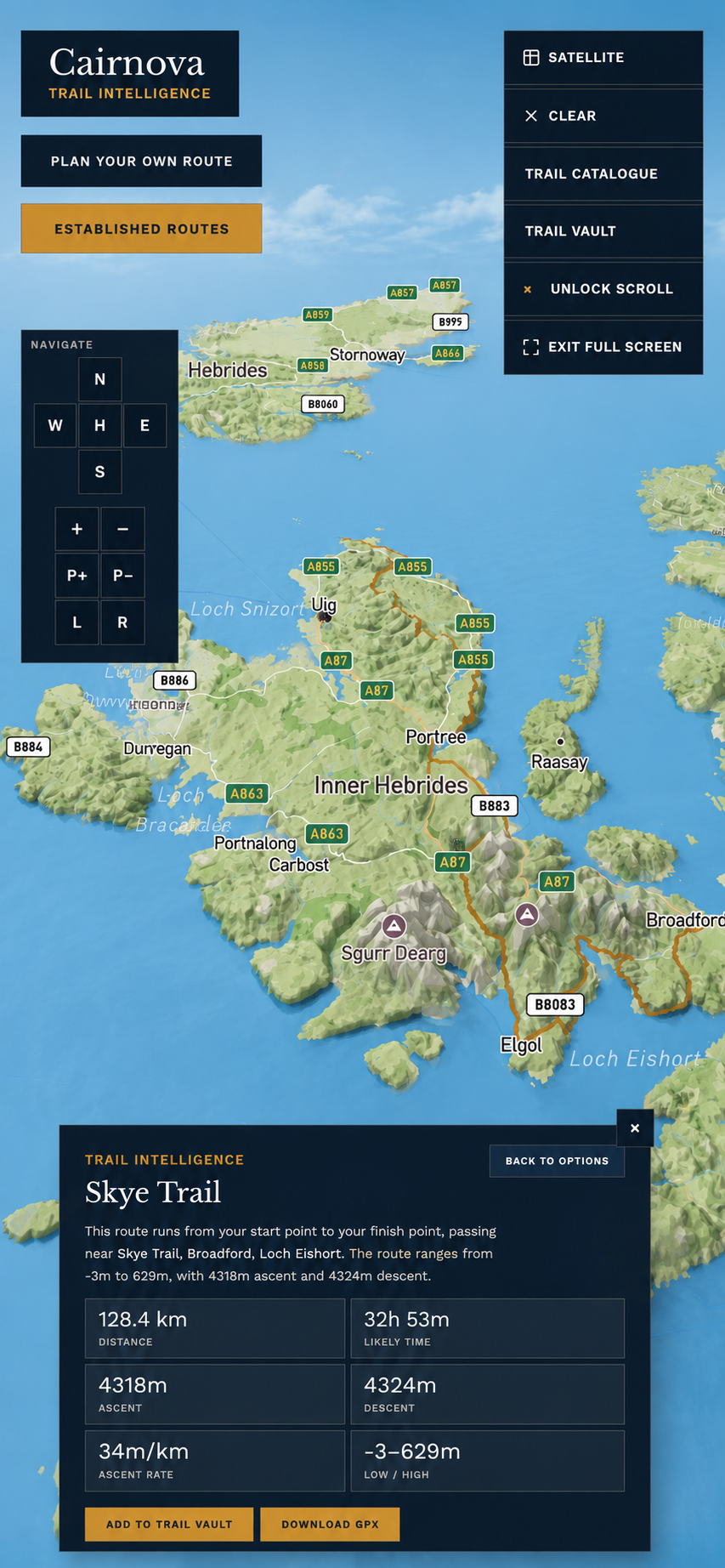 Cairnova Trail Intelligence map showing a plotted hiking route across Scottish terrain