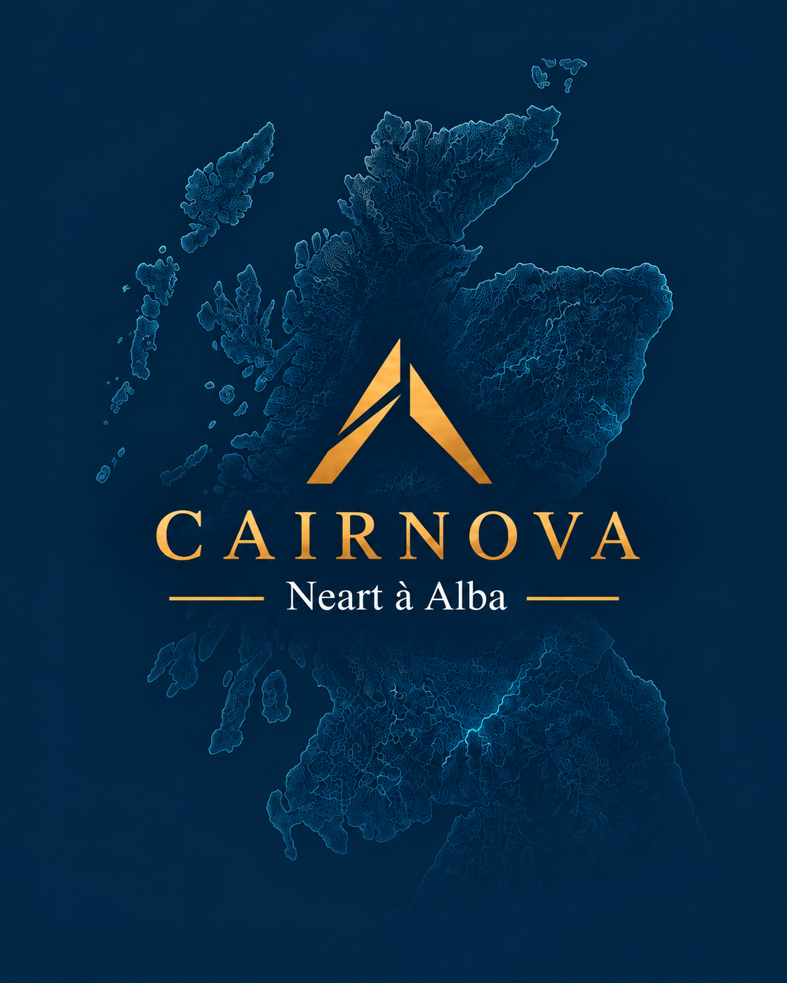 Cairnova — Neart à Alba, over a map of Scotland