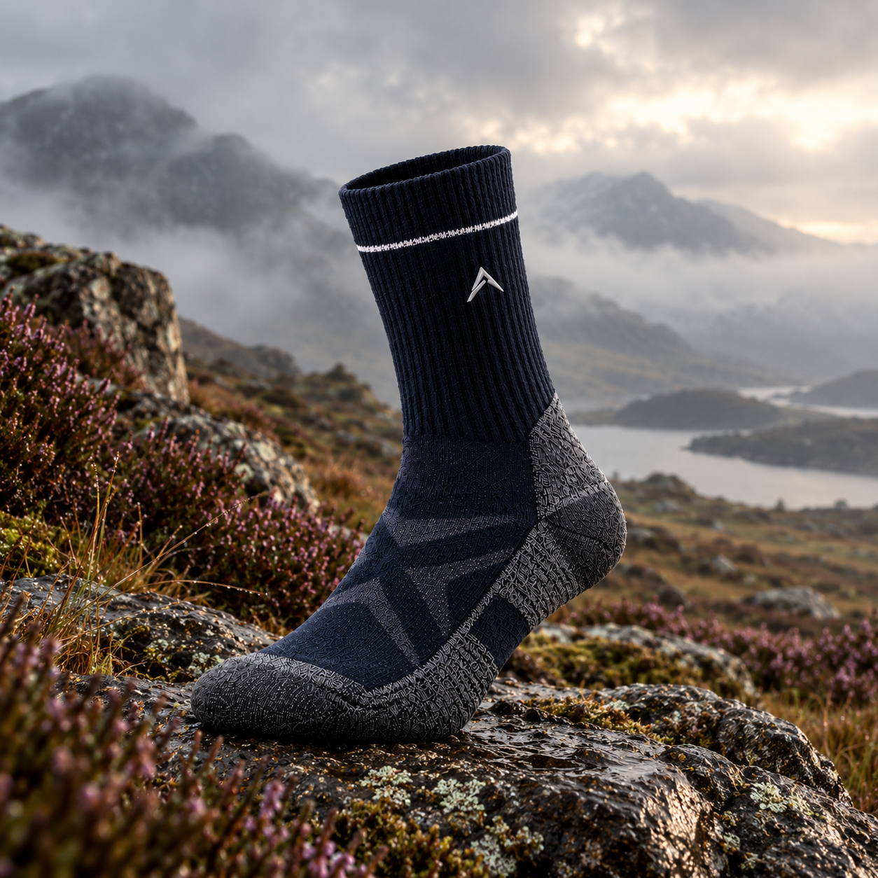 The Saltire Cairn merino trekking sock in a Scottish mountain landscape
