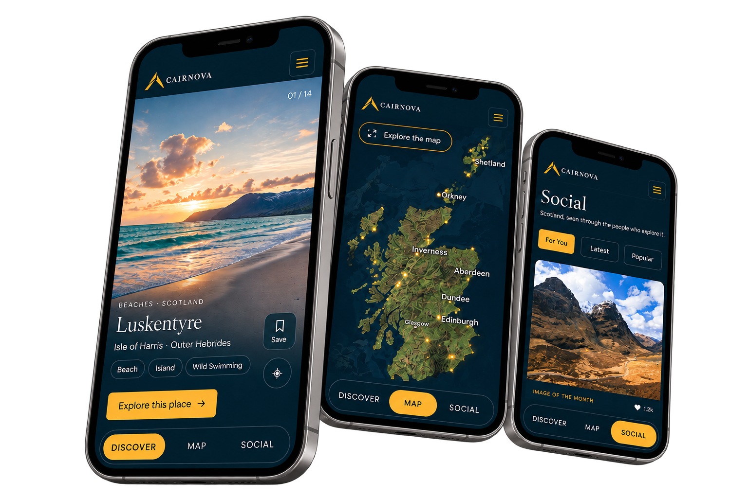 Cairnova community on three phones: discover Scottish places, explore the map and browse community photography